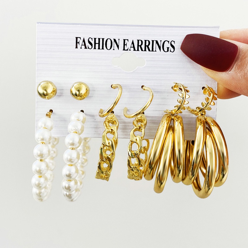 new creative retro pearl earrings circle chain earrings 6 sets