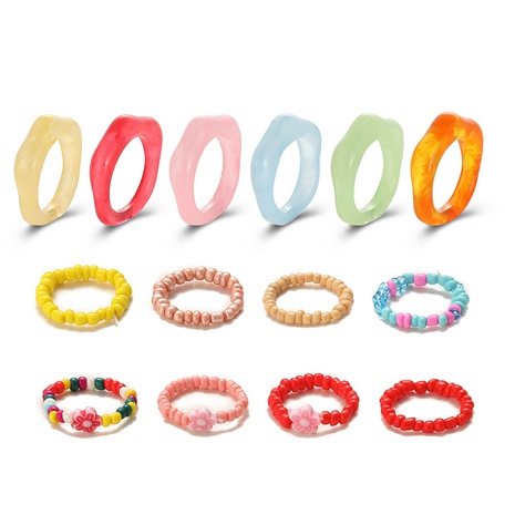 Creative new flower beaded colorful rice bead irregular resin ring 14-piece set's discount tags