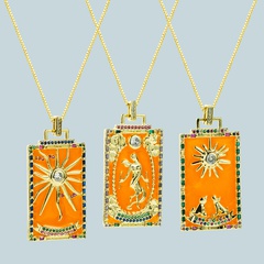 fashion copper micro-inlaid zircon orange tarot card pattern square pendant necklace