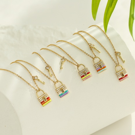 micro-inlaid zircon color drip lock key fashion asymmetric necklace's discount tags