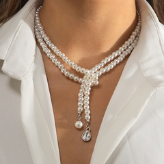 jewelry retro imitation pearl drop rhinestone pendant clavicle beaded woven double layer necklace