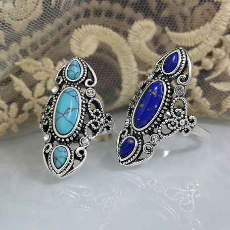 retro turquoise creative hollow carved lapis lazuli ring's discount tags
