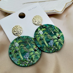 Green Rainforest Animals Plants Embossed Printed Earrings