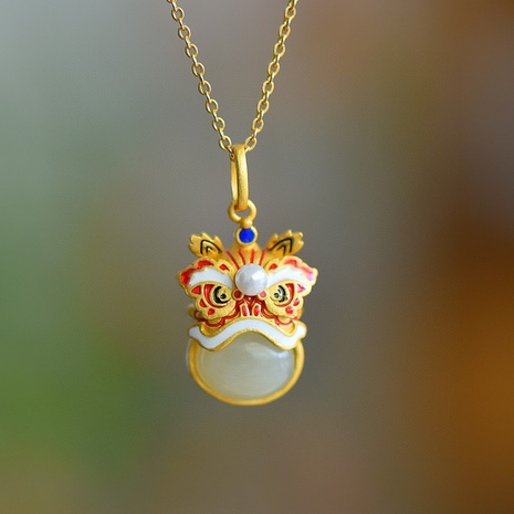 New year retro Chinese style enamel color lion awakeningimitation natural jade necklace pendant's discount tags
