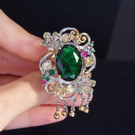 Retro palace styletassel color emerald zircon two-color flower copper ring's discount tags