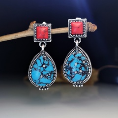retro inlaid red flower blue turquoise earrings new earrings