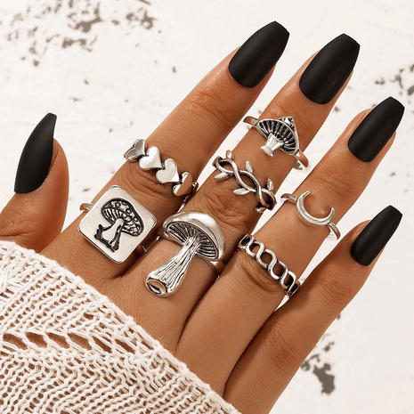fashion retro black gemstone geometric mushroom letter ring multi-piece set NHGY523441's discount tags