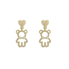 Korean style full diamond pearl heart bear earrings cute small earrings