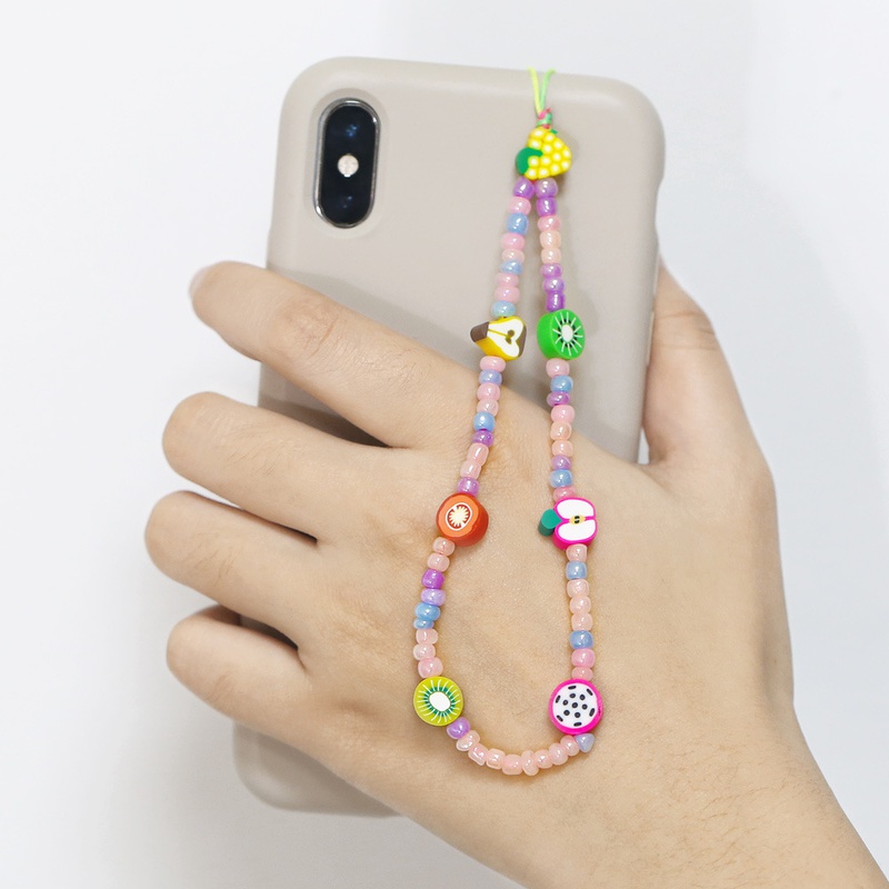 fashion color soft ceramic mobile phone lanyard fruit beaded wristband mobile phone chain