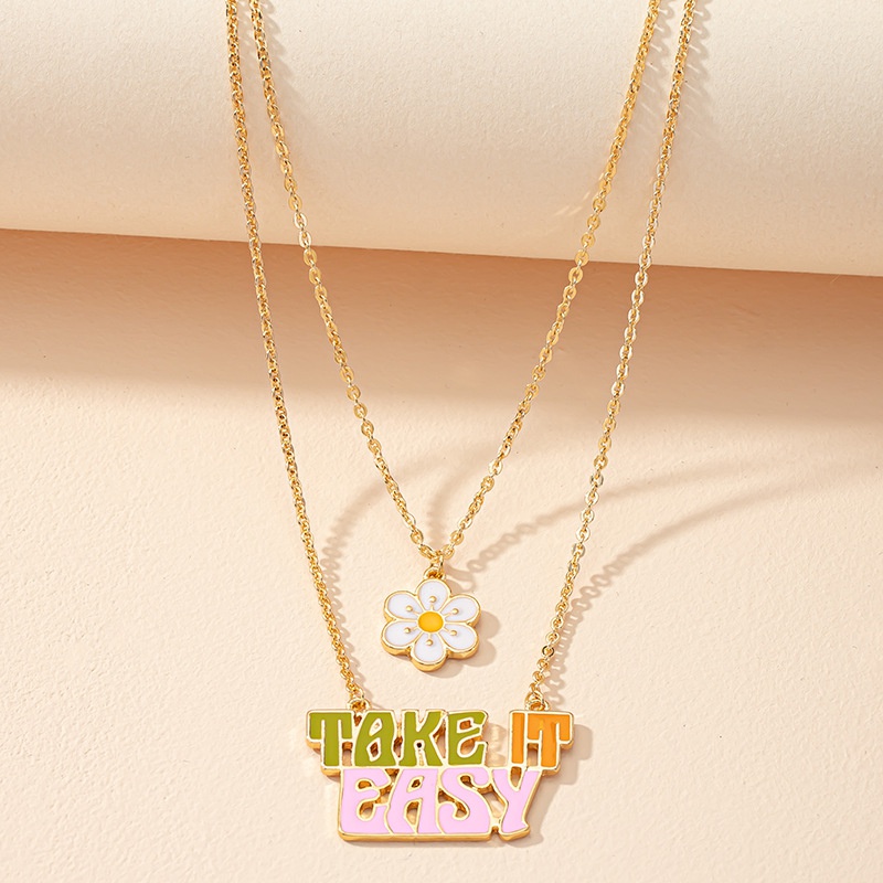 Korean flower letter necklace doublelayer personality dripping oil alloy necklace