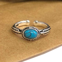 retro open ring blue turquoise feathers old carved copper ring