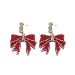 Red Diamond Bowknot Pearl Earrings New Korean Exaggerated Earrings Women