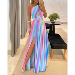 2021 new printed solid color diagonal collar split dress women's clothing