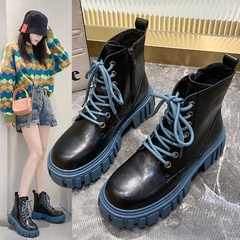 New British style thick heel thick-soled color matching round toe front lace-up casual short boots wholesale
