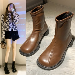Short boots women's low-heeled thick-heeled square toe stitching boots