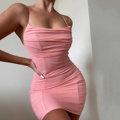 pink beach nightclub sleeveless backless sling pleated skirt dress