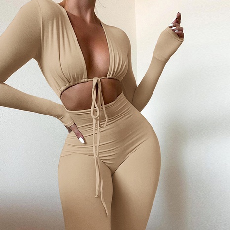 fashion solid color sexy hollow strap tight-fitting long-sleeved jumpsuit's discount tags
