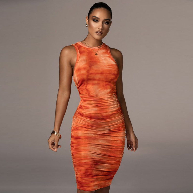 2021 Herbst sexy rmellose Rundhalsausschnitt Modedruck mittellanger Rock schlankes Kleid
