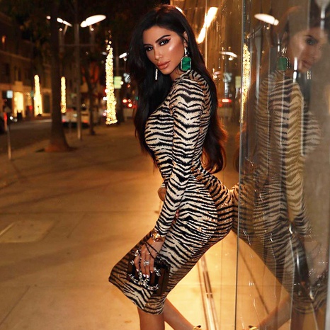 Stehkragen Leopard langärmeliges Kleid mit Print langes Rockkleid's discount tags