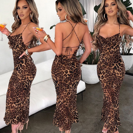 new fall/winter leopard print sexy backless lace-up slim mid-length dress wholesale's discount tags