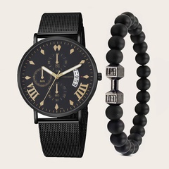 Ensemble de montre à quartz à ceinture en maille à échelle romaine de couleur unie pour hommes ultra-minces simples à la mode