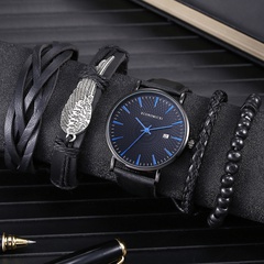 simple solid color men's calendar mesh leather belt quartz watch bracelet set