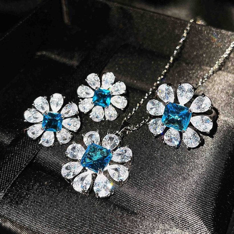 Bijoux Fins Bijoux Cristal | Bijoux Imitation Topaze Bleue Naturelle Collier Boucles D39oreilles Diamant Bague Pendentif - HD32967