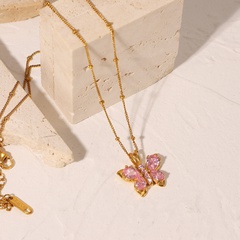 nouveau collier pendentif en forme de papillon en acier inoxydable plaqué or 18 carats avec zircon rose