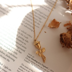 French retro temperament gold rose flower pendant titanium steel necklace