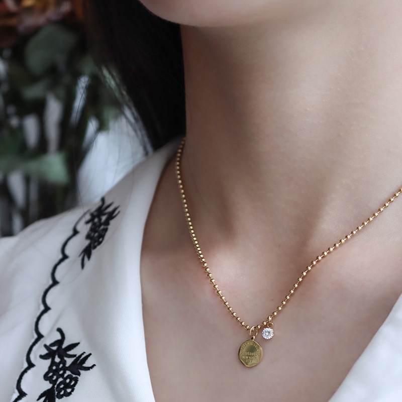 Se Perlenkette mit runder Karte Diamant Schlsselbeinkette Titanstahl Halskette