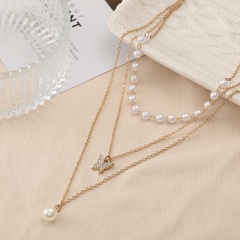 Fashion Creative Retro Simple Pearl Diamond Butterfly Pendant Three Layer Necklace