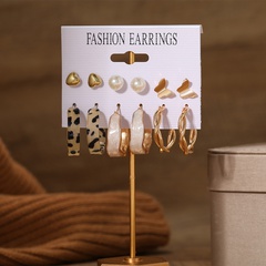 fashion pearl heart-shaped butterfly drip oil leopard print earrings 6-piece set