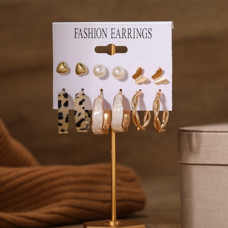 fashion pearl heart-shaped butterfly drip oil leopard print earrings 6-piece set's discount tags