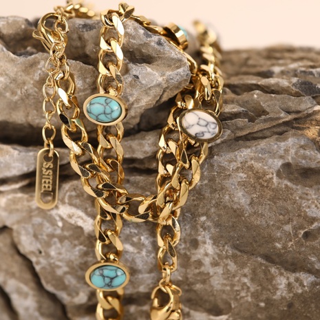 natural stone inlaid oval turquoise titanium steel Cuban chain bracelet's discount tags
