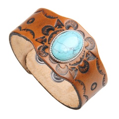 wide leather bracelet embossed snap button turquoise couple bracelet