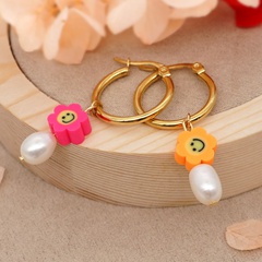 fashion pearl soft pottery small flower smiley face earrings