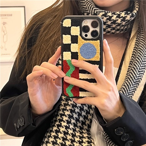 Korean style plush checkerboard geometric splicing Apple mobile phone case NHFI536605's discount tags
