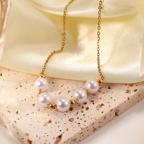 Fashion Stainless Steel Five Pearl Small Gold Bead Necklace's discount tags