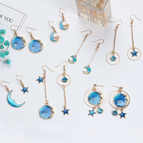 lady heart asymmetric blue starry sky moon universe planet earrings NHQIY540233's discount tags