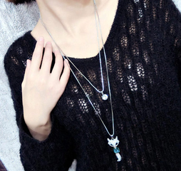 Korean fashion fox flashing diamond double layer temperament long necklace
