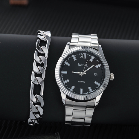 Montre pour homme et bracelet à la mode avec pointeur rond en acier inoxydable montre à quartz's discount tags