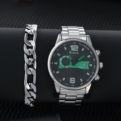 Men's Set Watch and Bracelet Fashion Round Pointer Stainless Steel Calendar Quartz Watch