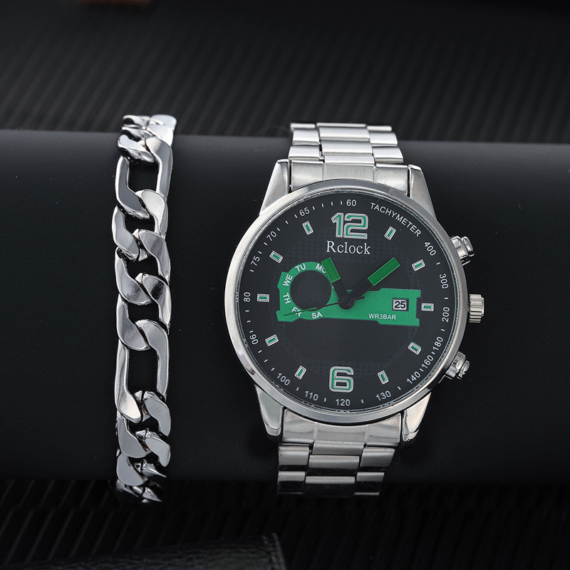 Mens Set Watch and Bracelet Fashion Round Pointer Stainless Steel Calendar Quartz Watch