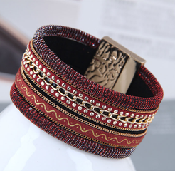 European and American rhinestones multi-layer leather wide magnetic buckle bracelet