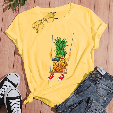 Cartoon pineapple letter printing casual short-sleeved T-shirt women's discount tags