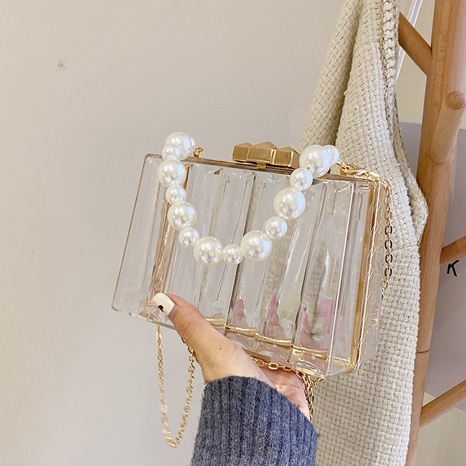 Transparent Jelly Bag New Fashion Female Bag Acrylic Pearl Chain Shoulder Bag's discount tags