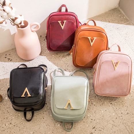 oily leather small backpack solid color can be shoulder bag PU metal decoration simple backpack NHJYX541545's discount tags