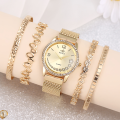 golden inlaid rhinestone Luxury Round Pointer Watch Bracelet set