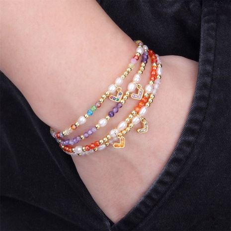 personality mixed color semi-precious stone pearl color zirconium heart pendant bracelet NHPY505323's discount tags