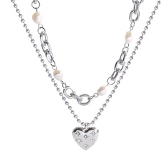 Fashion Heart Titanium Steel Necklace Hip Hop Double Pearl Pendant Clavicle Chain